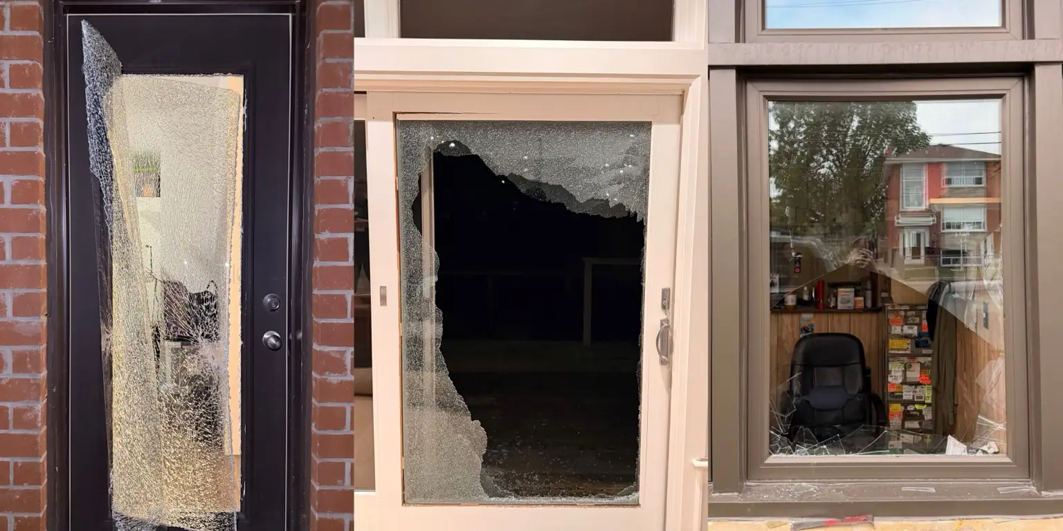 Collage of broken entry door glass, patio door glass and storefront glass before emergency board-up
