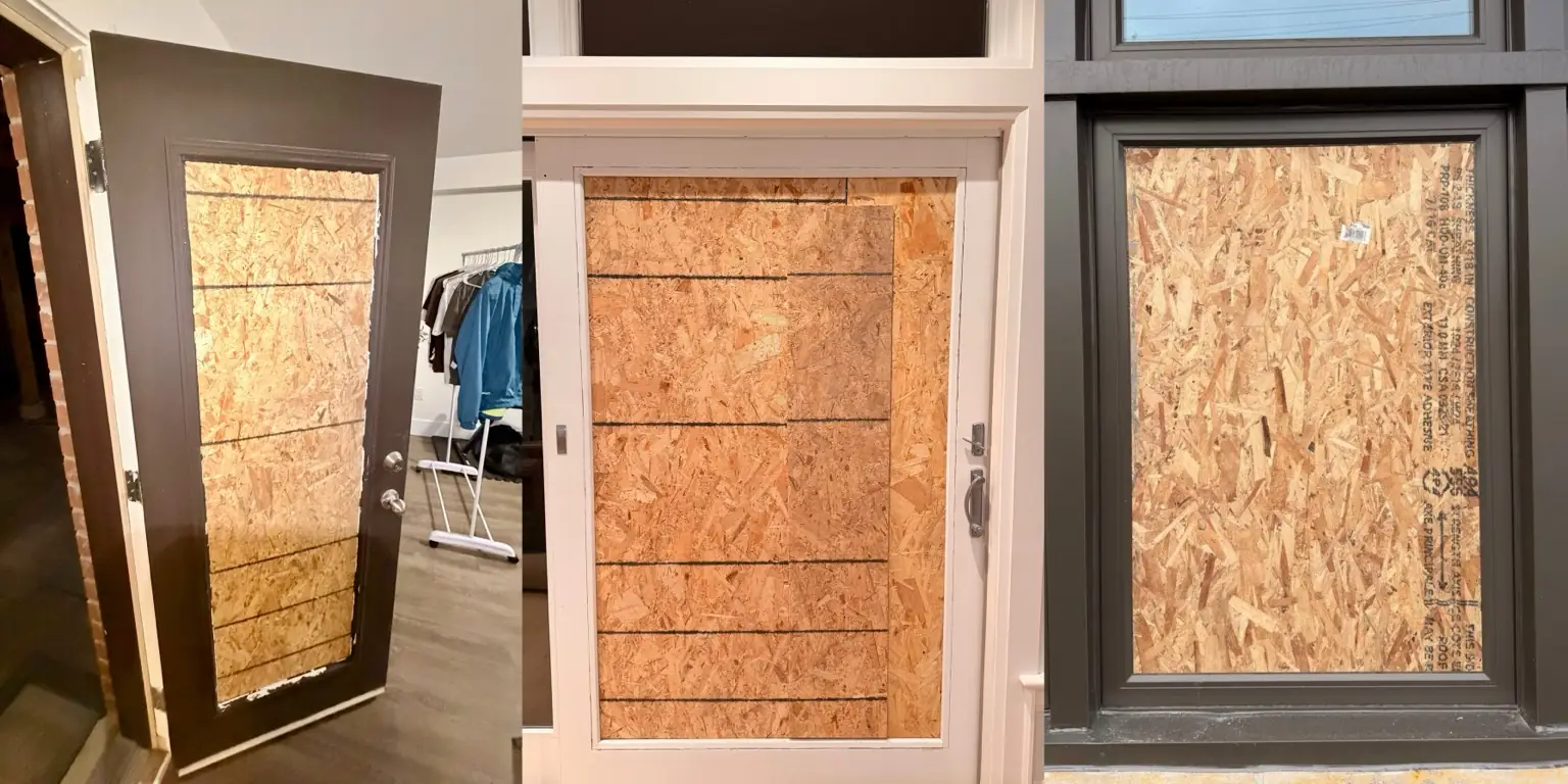 Collage of board-up installed over entry door, patio door and storefront glass openings