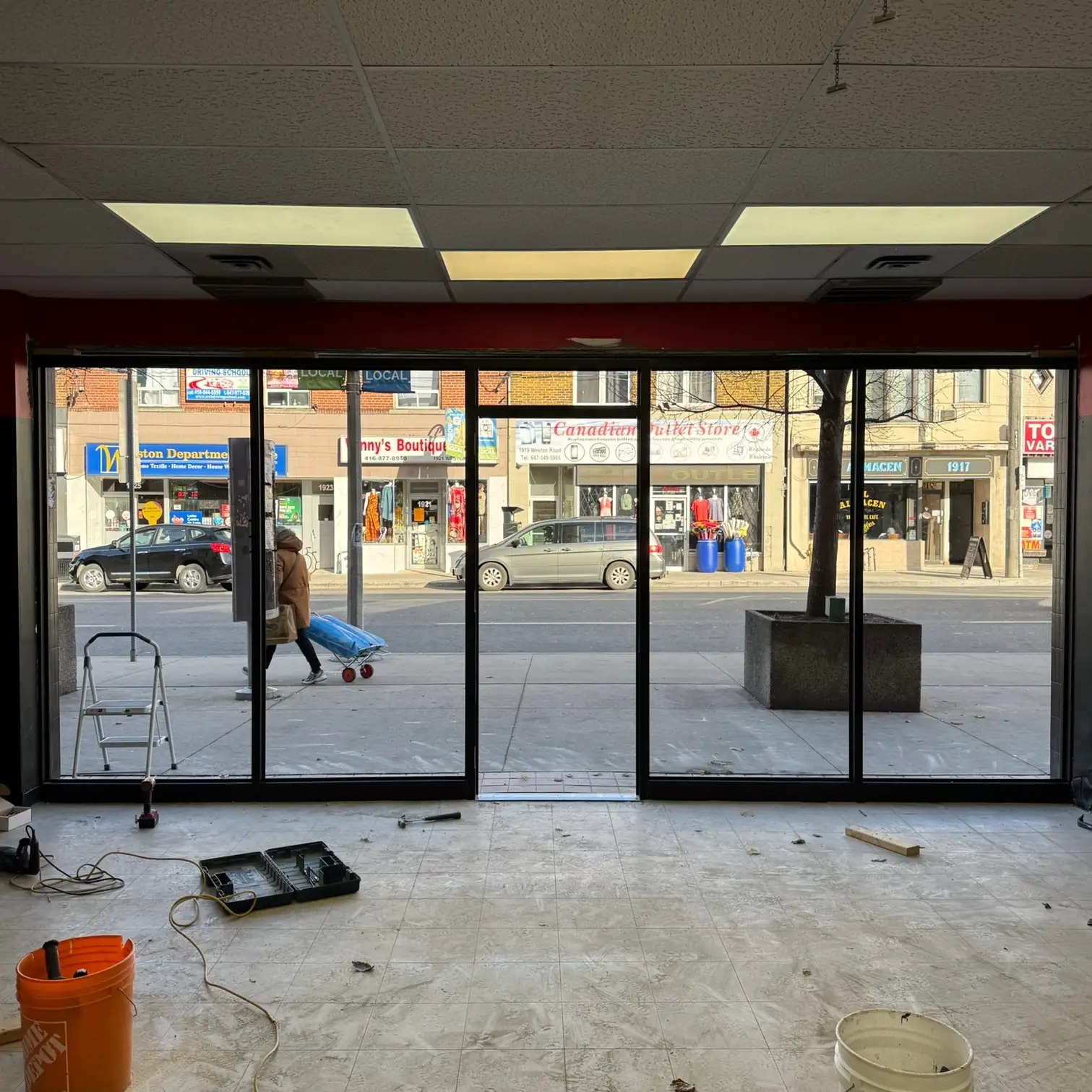 New aluminum storefront frame installed inside retail space