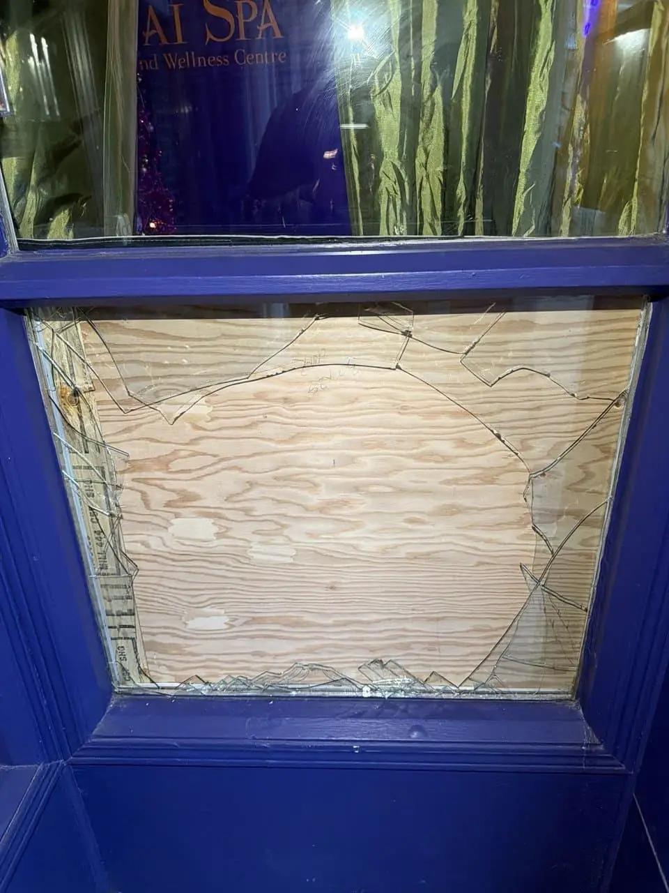 Second board-up and broken glass incident at Bahn Thai Spa near St. James Park