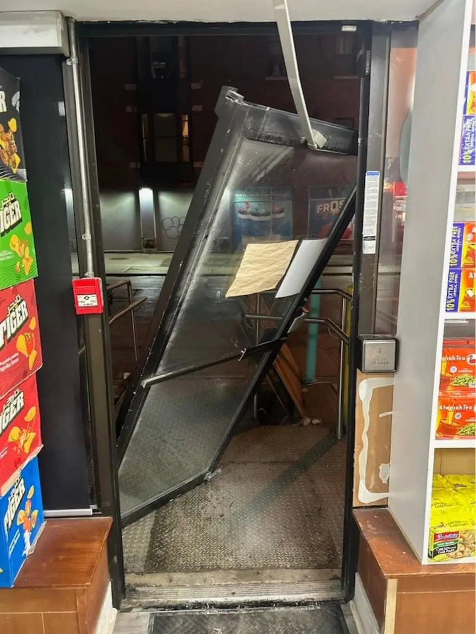 Failed commercial entrance door in North York before emergency repair